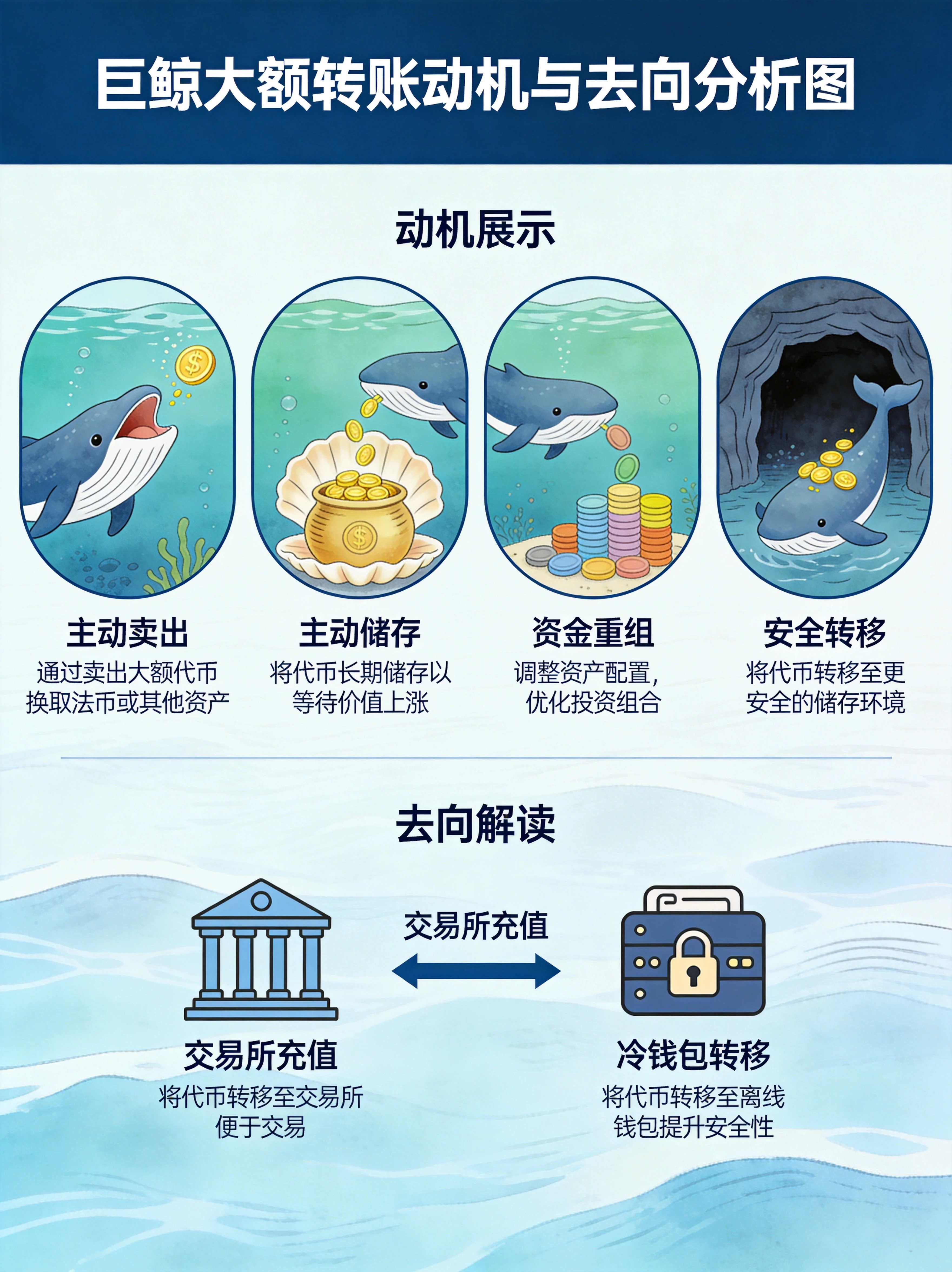 巨鲸大额转账四大动机与去向分析图,主动卖出、主动储存、资金重组、安全转移,以及交易所vs冷钱包方向解读 巨鲸大额转账四大动机与去向分析图,主动卖出、主动储存、资金重组、安全转移,以及交易所vs冷钱包方向解读