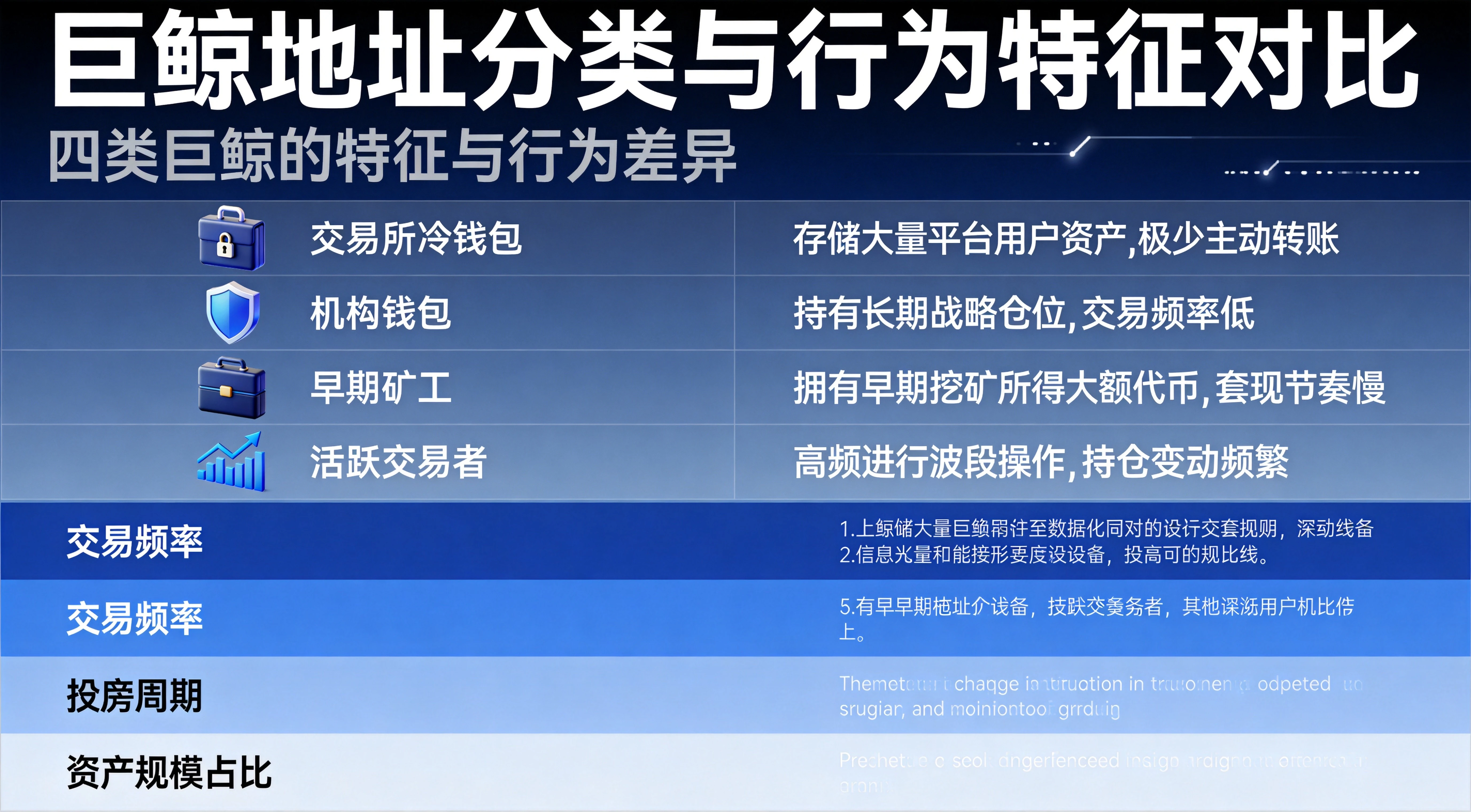 巨鲸地址分类与行为特征对比图,清晰展示交易所冷钱包、机构wallets、早期矿工、活跃交易者四类巨鲸的特征与行为差异,表格+图标标注,深蓝简约科技风格 巨鲸地址分类与行为特征对比图,清晰展示交易所冷钱包、机构wallets、早期矿工、活跃交易者四类巨鲸的特征与行为差异,表格+图标标注,深蓝简约科技风格