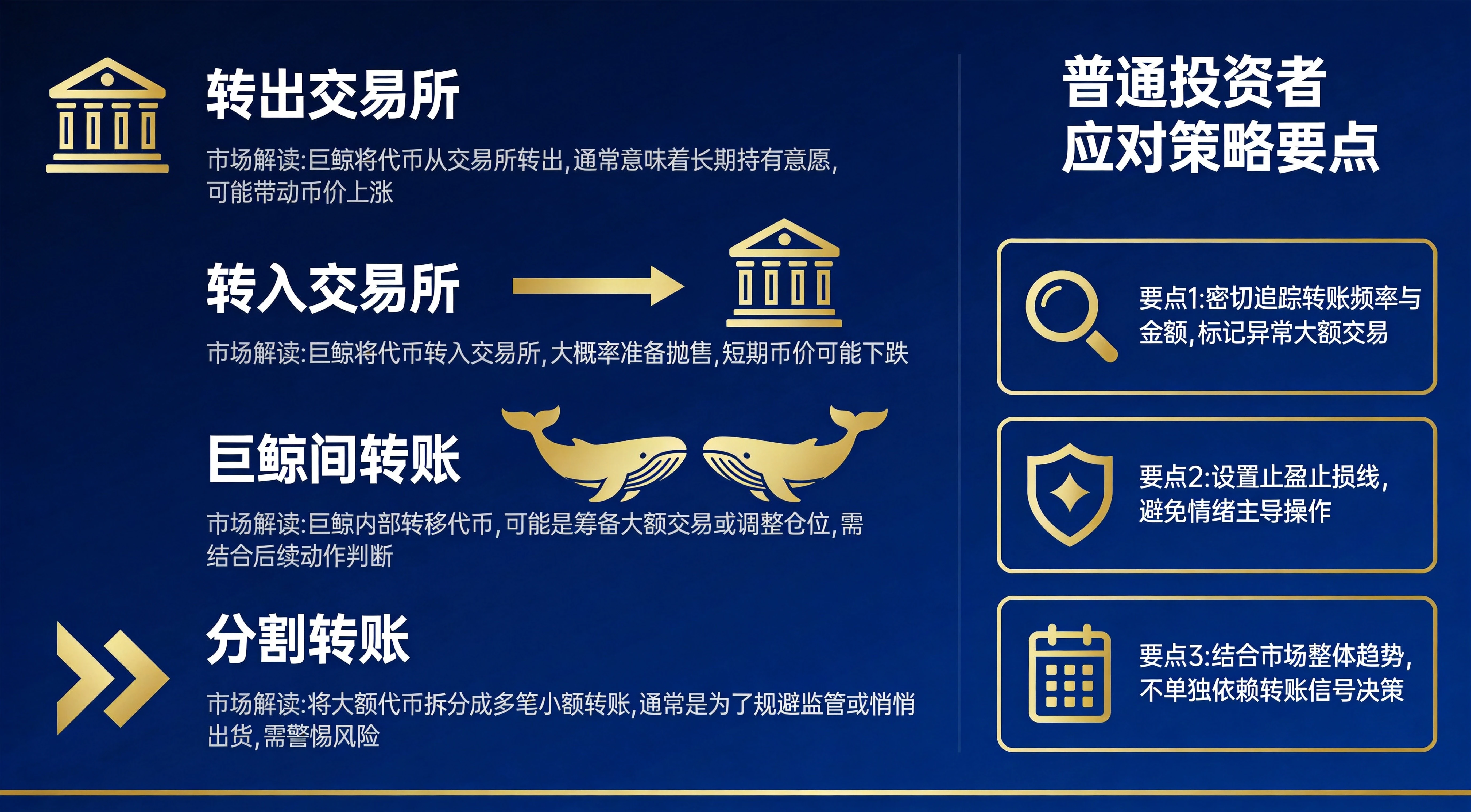 巨鲸转账信号解读与应对清单图,左侧呈现转出交易所、转入交易所、巨鲸间转账、分割转账四类转账的市场信号解读,右侧列出普通投资者应对策略要点,搭配重点标注,深蓝金专业信息图风格 巨鲸转账信号解读与应对清单图,左侧呈现转出交易所、转入交易所、巨鲸间转账、分割转账四类转账的市场信号解读,右侧列出普通投资者应对策略要点,搭配重点标注,深蓝金专业信息图风格