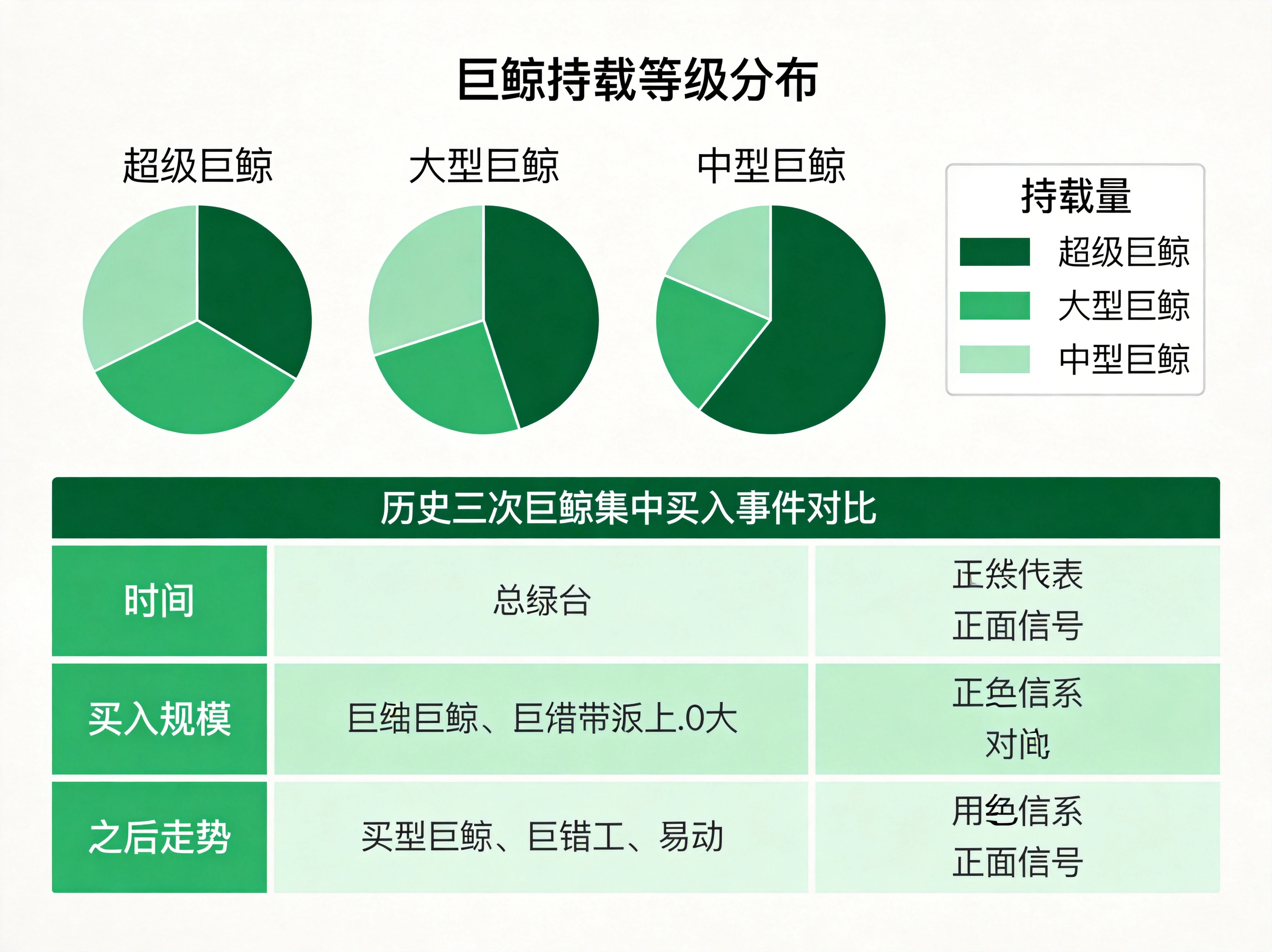 信息图风格,上半部分为巨鲸持仓等级分布饼图(超级巨鲸2.3%、大型巨鲸10%、中型巨鲸16%),下半部分为历史三次巨鲸集中买入事件对比表,包含时间、买入规模、之后走势三列数据,用绿色系表示正面信号,尺寸2304×1728。 信息图风格,上半部分为巨鲸持仓等级分布饼图(超级巨鲸2.3%、大型巨鲸10%、中型巨鲸16%),下半部分为历史三次巨鲸集中买入事件对比表,包含时间、买入规模、之后走势三列数据,用绿色系表示正面信号,尺寸2304×1728。