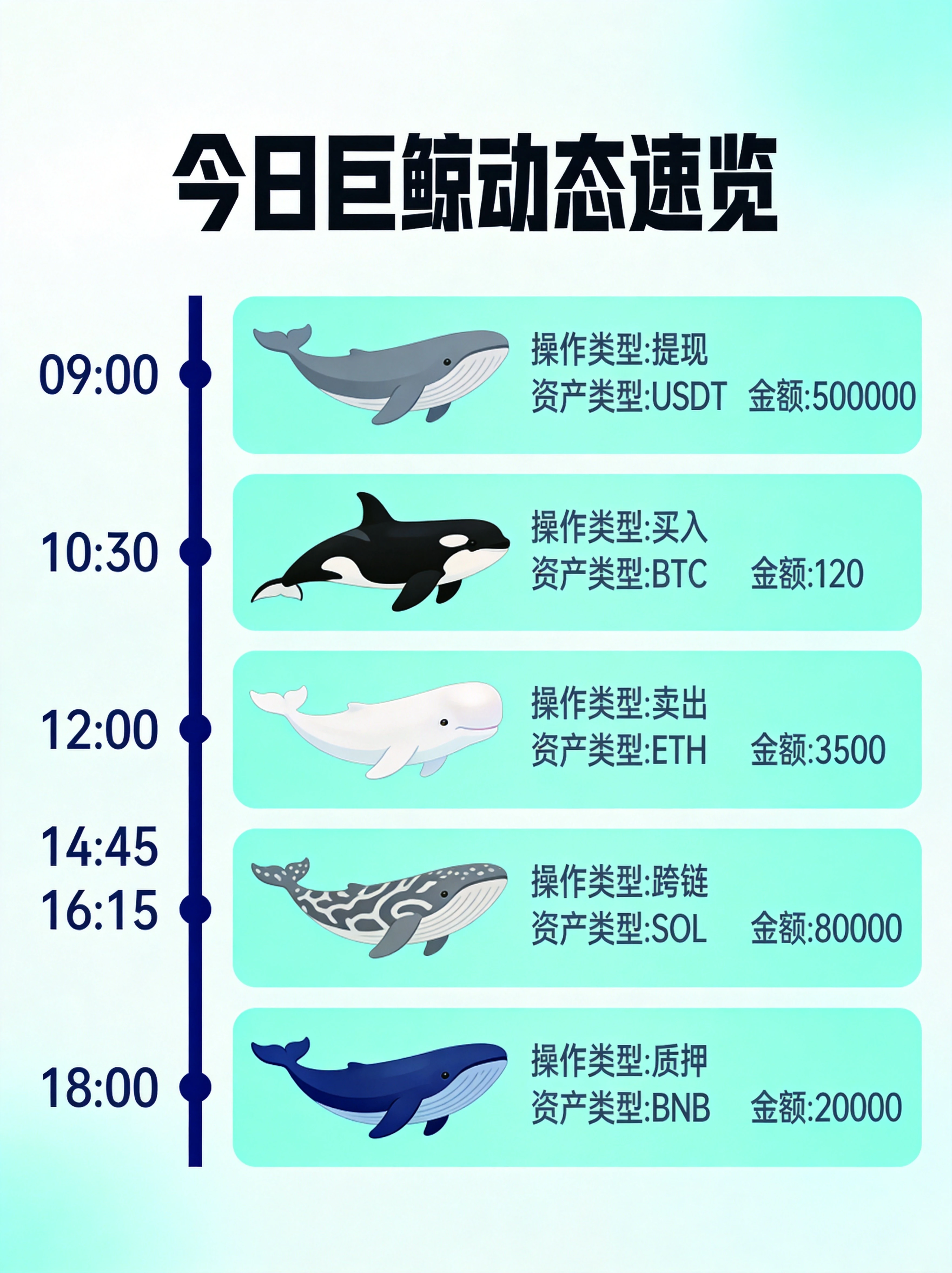 蓝绿色系今日巨鲸动态速览信息图表,以时间轴形式展示不同鲸鱼地址的操作类型(提现、买入、卖出、跨链、质押等、资产类型和金额数据 蓝绿色系今日巨鲸动态速览信息图表,以时间轴形式展示不同鲸鱼地址的操作类型(提现、买入、卖出、跨链、质押等、资产类型和金额数据