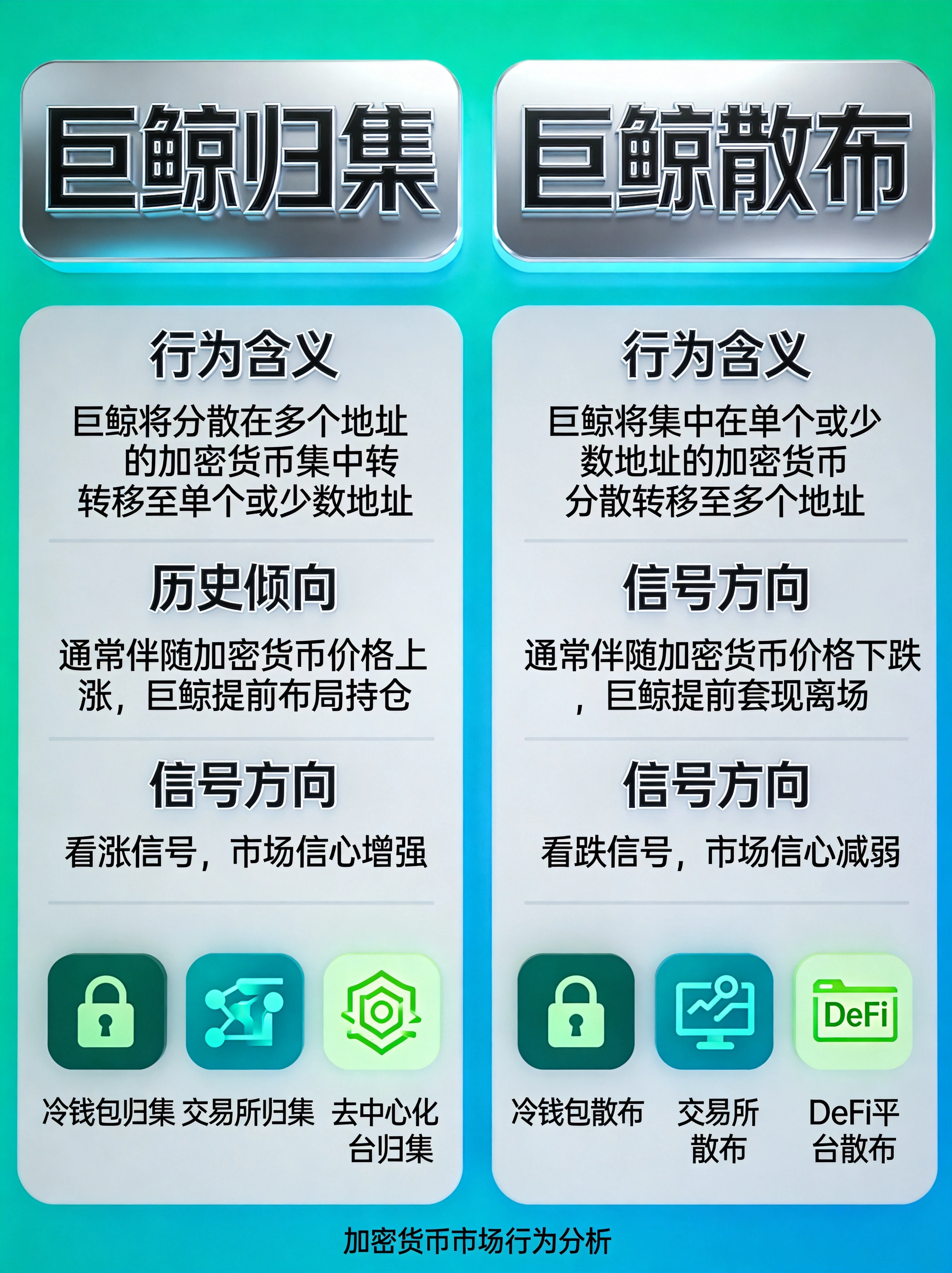 蓝绿色科技风格巨鲸归集vs散布行为对比信息图,左右分栏对比归集和散布两种行为的含义、历史倾向、信号方向,配有归集到冷钱包/交易所/DeFi等不同场景的图标说明 蓝绿色科技风格巨鲸归集vs散布行为对比信息图,左右分栏对比归集和散布两种行为的含义、历史倾向、信号方向,配有归集到冷钱包/交易所/DeFi等不同场景的图标说明